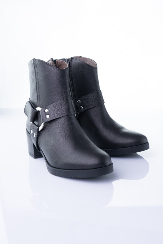 WIKERS Q-229 Black Leather Harness Ankle Boot